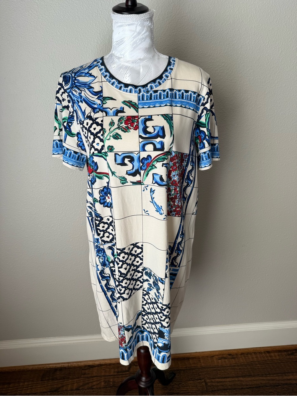 Tory Burch Cream Midi Dress with Blue & Green Tile Print